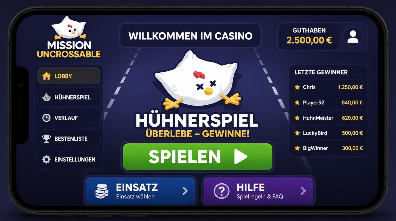 Smartphone zeigt Mission Uncrossable Casino-App mit großem „Spielen“-Button, Hühnerfigur im Fokus